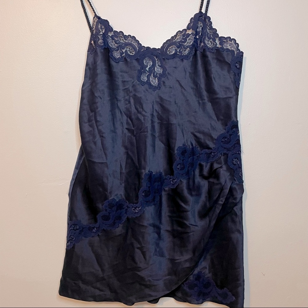 Vintage Victoria’s Secret Gold Label Silky Lace Braided Strap Blue Slip Size M